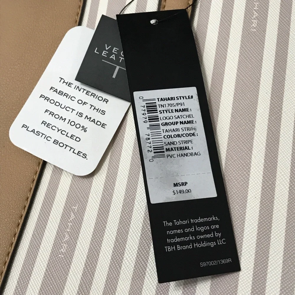 Tahari $149 MSRP Striped Satchel Bag + Dustbag Vegan Leather Cream